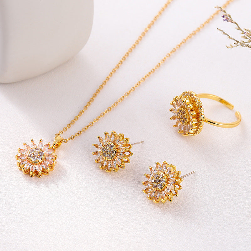 3 Piece Elegant Sunflower Pendant & Chain Necklace + Ear Studs + RingEarrings Fashion Exquisite Micro Seed Jewelry Ring - DATNEWDRIP