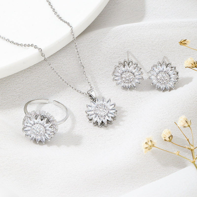 3 Piece Elegant Sunflower Pendant & Chain Necklace + Ear Studs + RingEarrings Fashion Exquisite Micro Seed Jewelry Ring - DATNEWDRIP