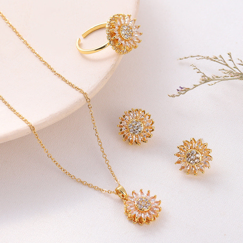 3 Piece Elegant Sunflower Pendant & Chain Necklace + Ear Studs + RingEarrings Fashion Exquisite Micro Seed Jewelry Ring - DATNEWDRIP