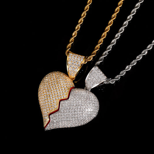 Iced Out Two Half Heartbreak Combination Hip Hop Pendant Love Couple Necklace - DATNEWDRIP