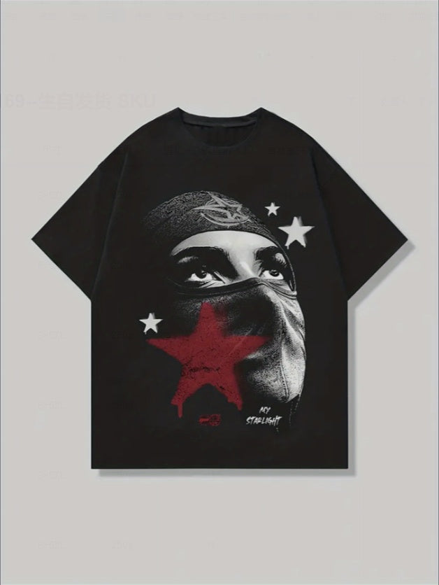 DatNewDrip graphic streetwear t-shirt in black with bold star and masked design