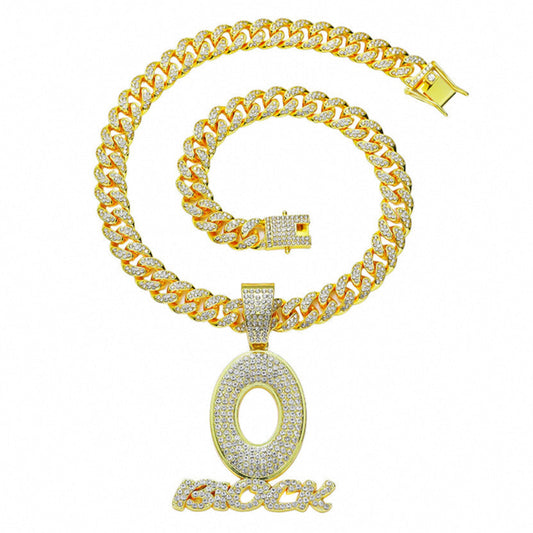 DatNewDrip gold chain necklace with sparkling O Block jewelry pendant encrusted with crystals