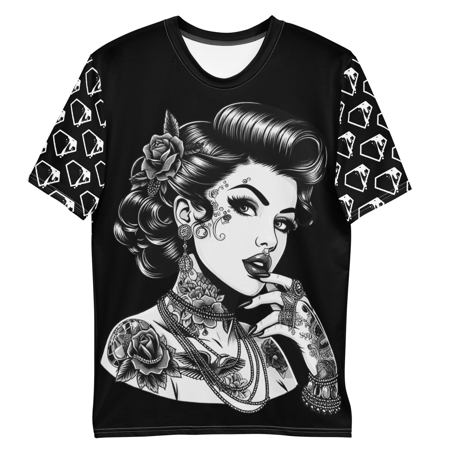 Black Pin Up Girl Graphic Tee with vintage tattoo style design and roses on sleeves
