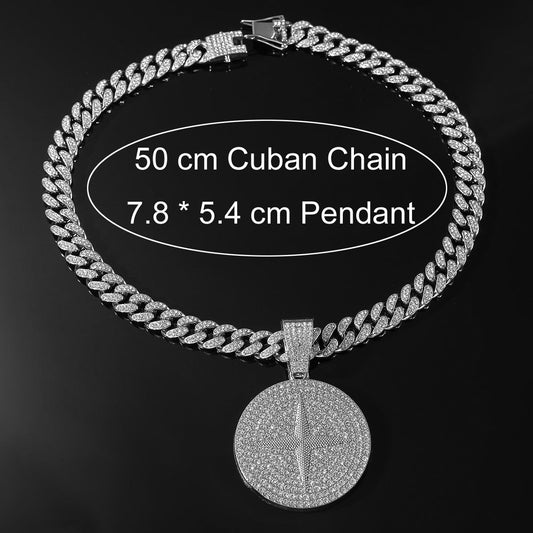 DatNewDrip 50 cm Cuban chain necklace with iced out compass pendant round pave CZ compass medallion