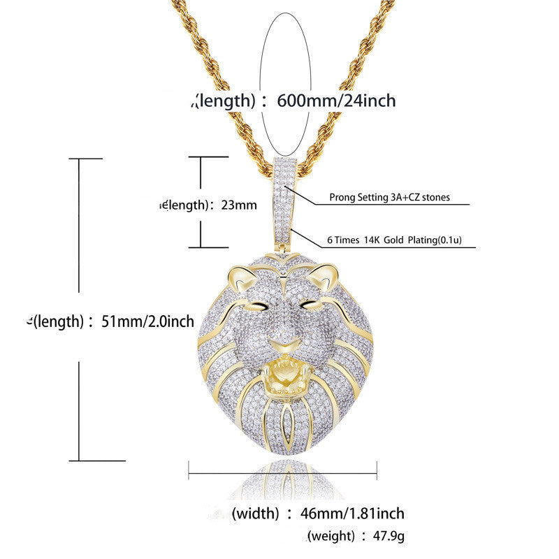 DatNewDrip iced out lion head pendant on 24 inch gold rope chain with pave CZ stones