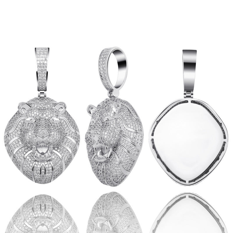 DatNewDrip iced out lion head pendant in silver with pave stones shown front side and back views