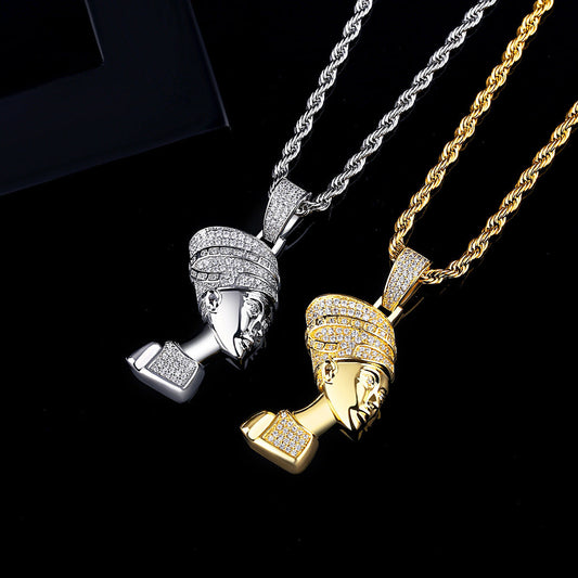 DatNewDrip iced out Egyptian goddess pendant gold and silver two tone with pave stones on rope chain