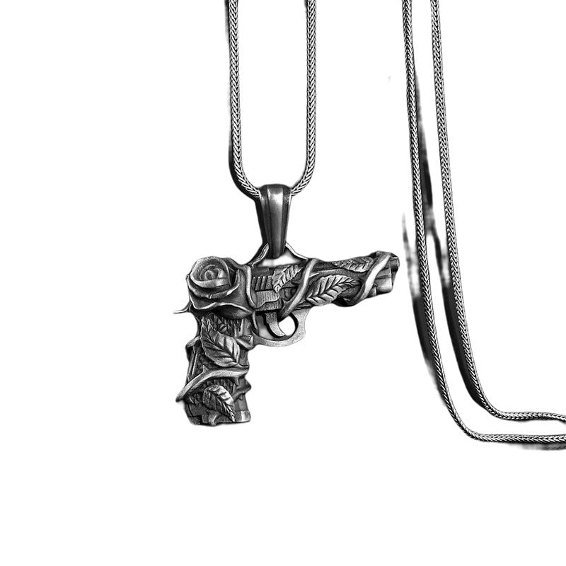 DatNewDrip men's gun and rose pendant necklace silver pistol pendant with detailed rose and leaves on snake chain