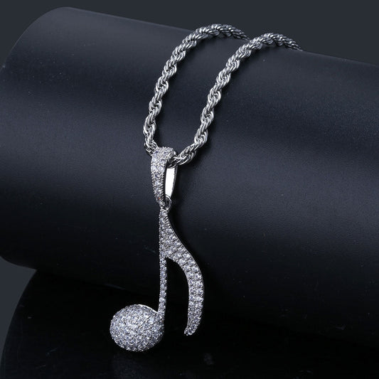 DatNewDrip silver iced out music note pendant on rope chain with pave crystals for hip hop jewelry