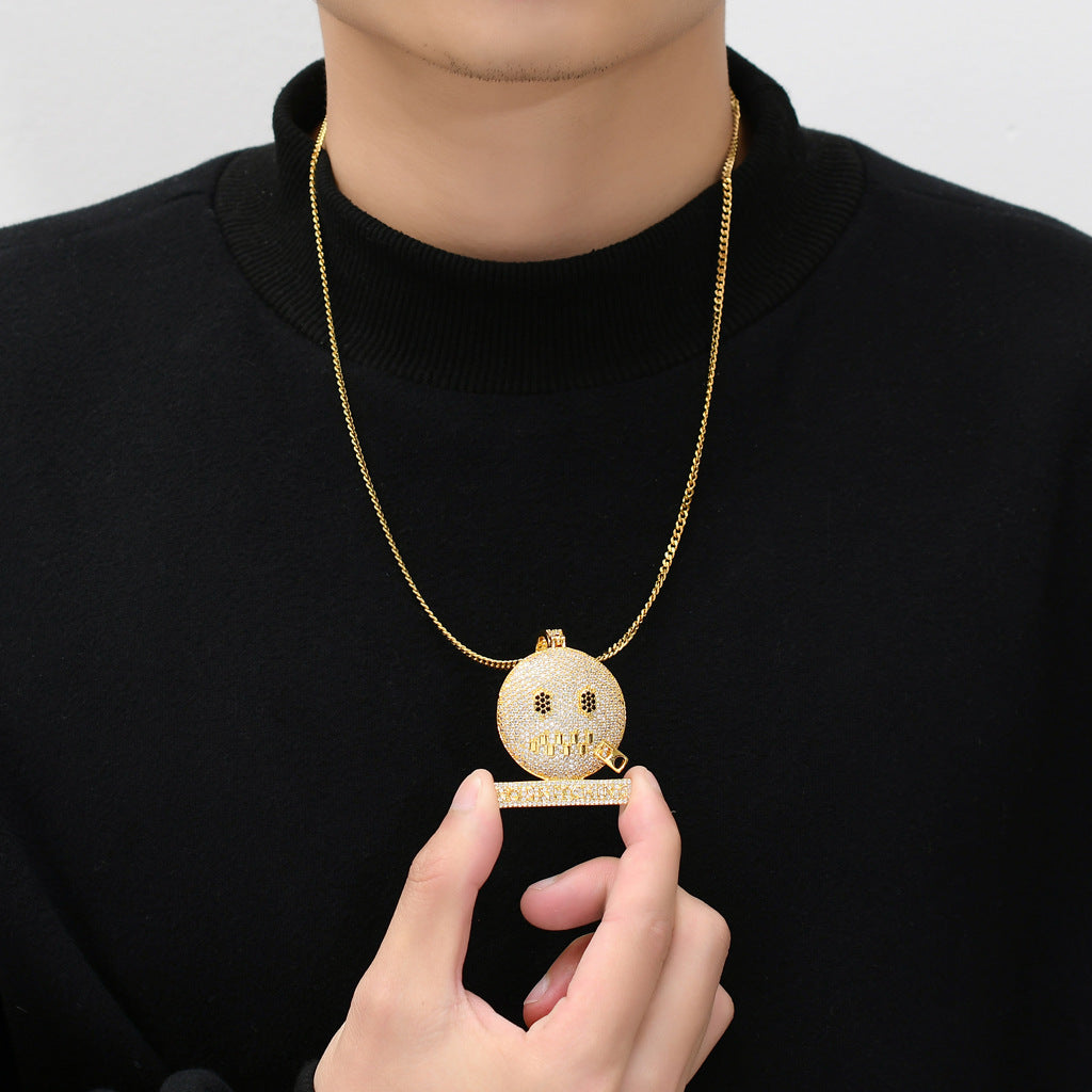 DatNewDrip gold smiley face iced out no rats pendant with pave cubic zirconia on curb chain
