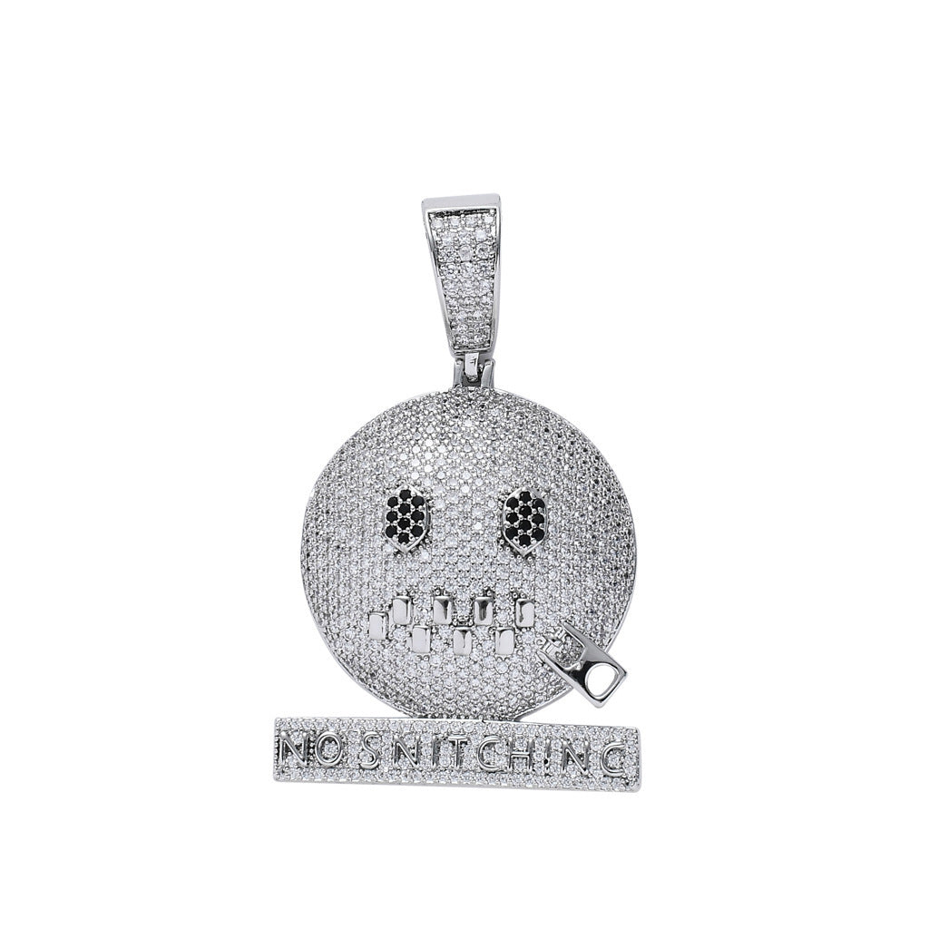 DatNewDrip iced out no rats pendant round smiley face with zipper mouth black eye stones and no snitching bar