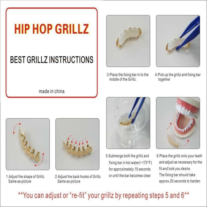 DatNewDrip Hip Hop instruction sheet showing gold vampire grillz for teeth and step by step fitting process