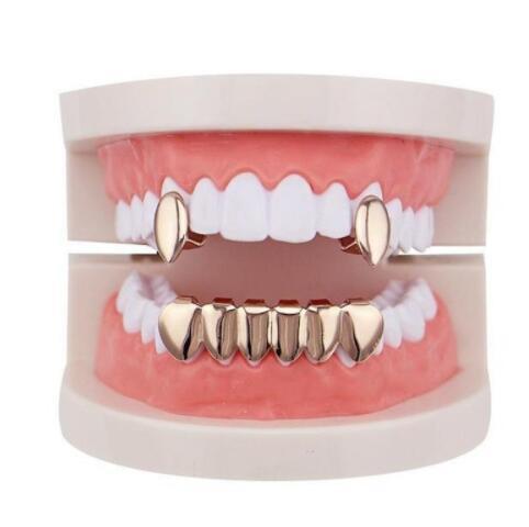 DatNewDrip vampire grillz for teeth gold fang caps on dental model upper canines and full lower gold grill