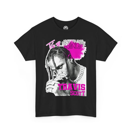 DatNewDrip Travis Scott hip hop graphic t-shirt in black featuring bold colors and a unique design