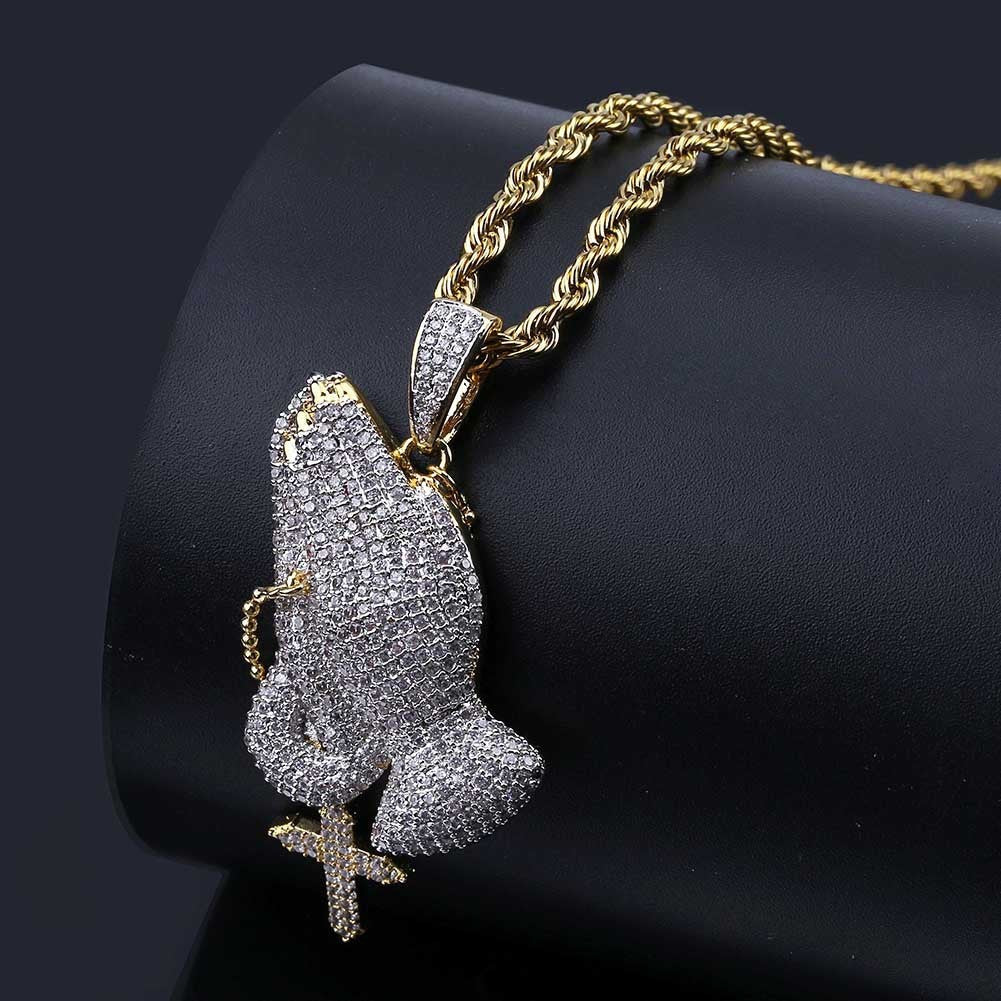 DatNewDrip iced out praying hands pendant on gold rope chain with micro pave stones religious jewelry