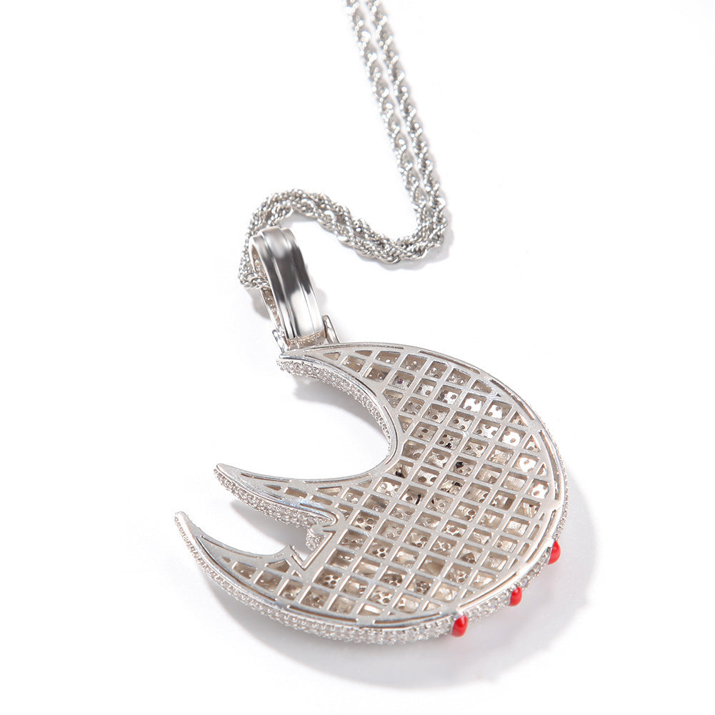 DatNewDrip iced out trippie red moon pendant sterling silver crescent with lattice filigree and red stones