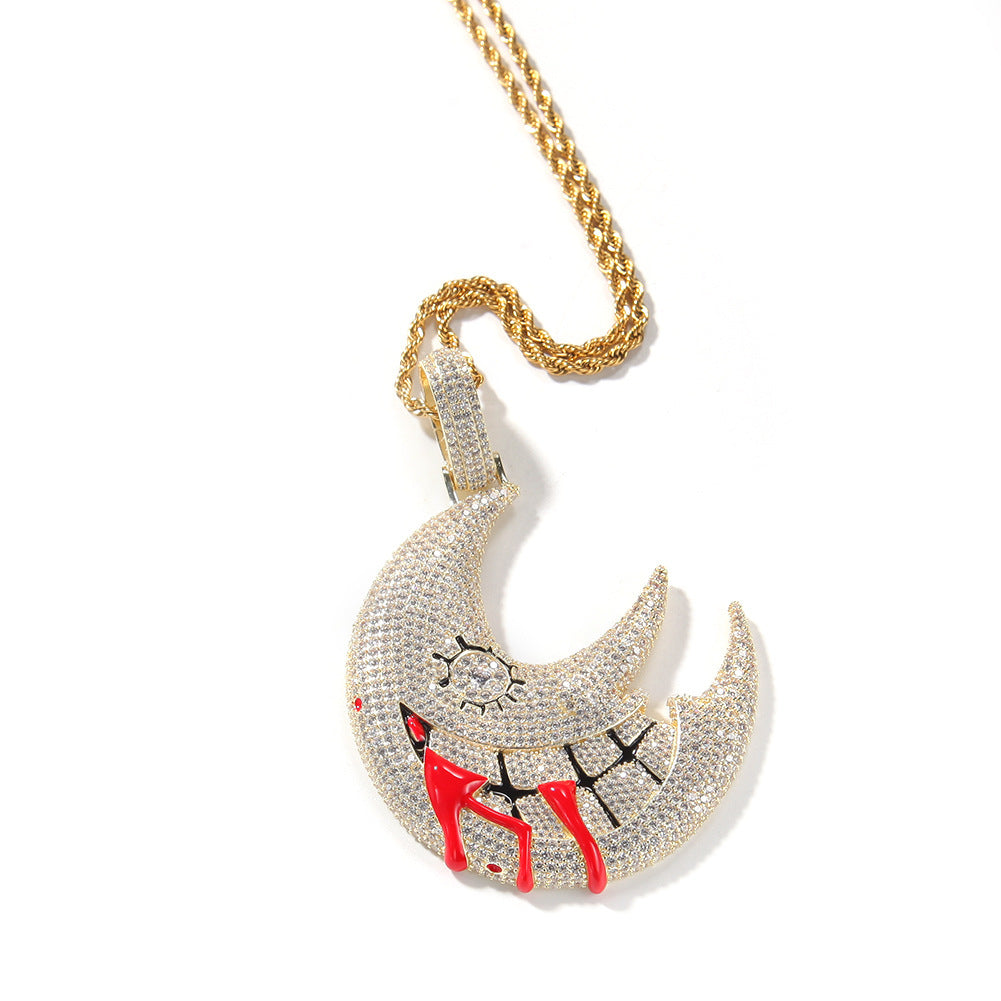 DatNewDrip iced out trippie red moon pendant gold chain crystal encrusted crescent with red enamel drips