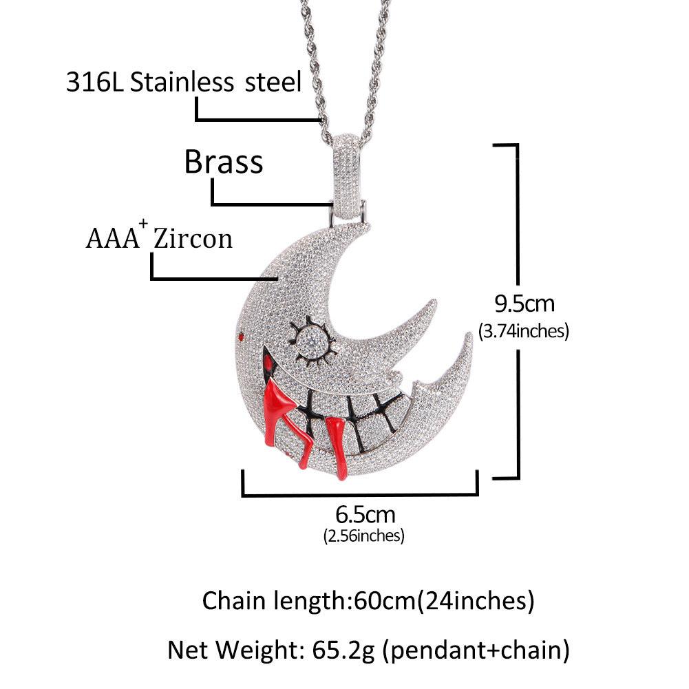 DatNewDrip iced out trippie red moon pendant silver zircon crescent with red drip and 24 inch chain