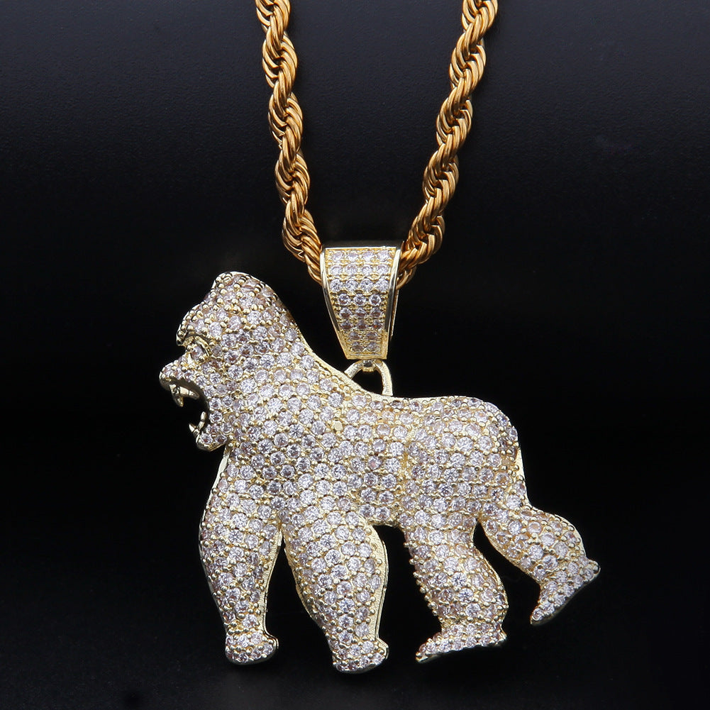 DatNewDrip iced out gorilla pendant on gold rope chain pave cubic zirconia hip hop jewelry