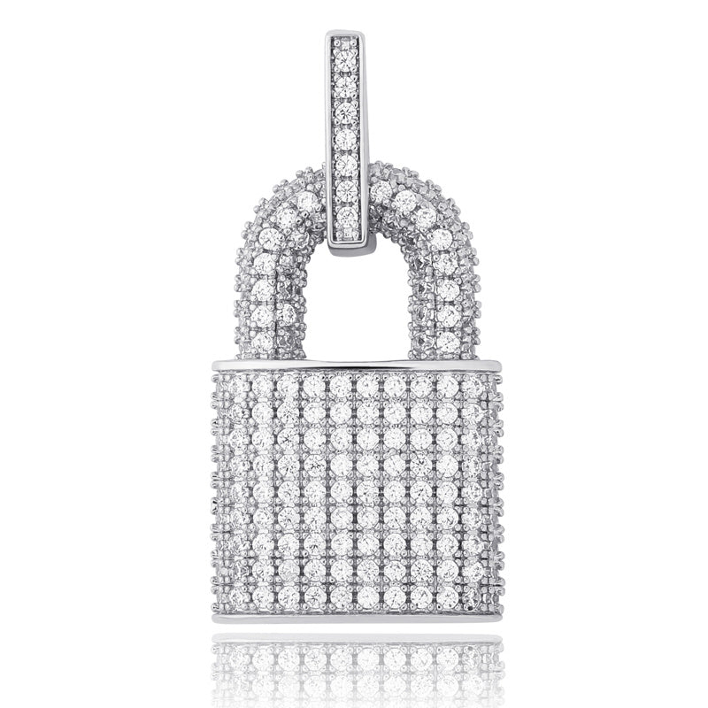 DatNewDrip iced out lock pendant in sterling silver with pave cubic zirconia for luxury streetwear