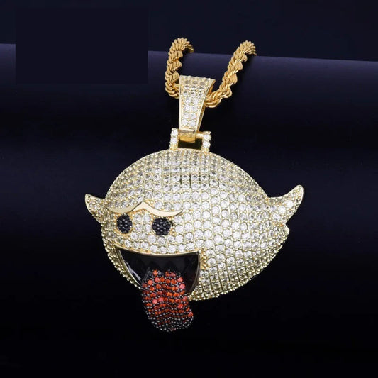 DatNewDrip Iced Out Naughty Ghost Pendant gold plated pendant covered in clear stones with red tongue