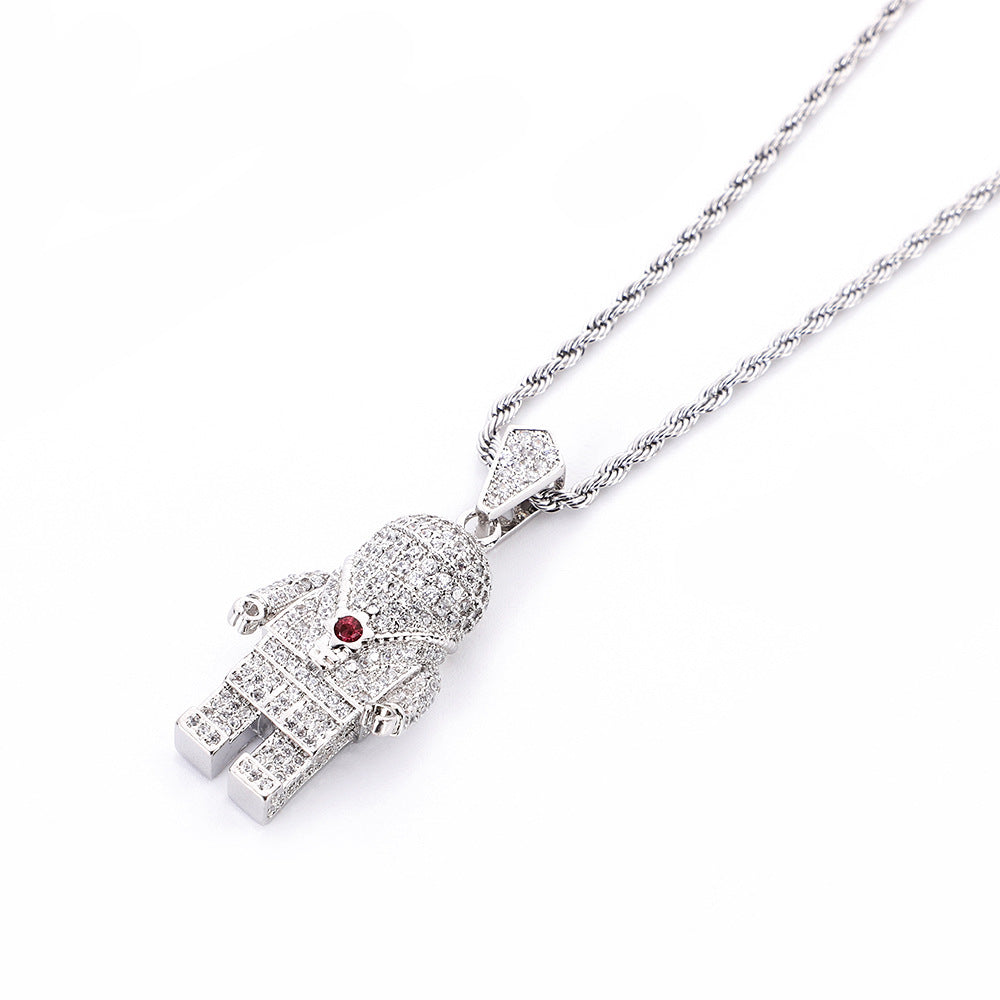 DatNewDrip iced out spaceman pendant in silver with pave crystals and red eye on rope chain