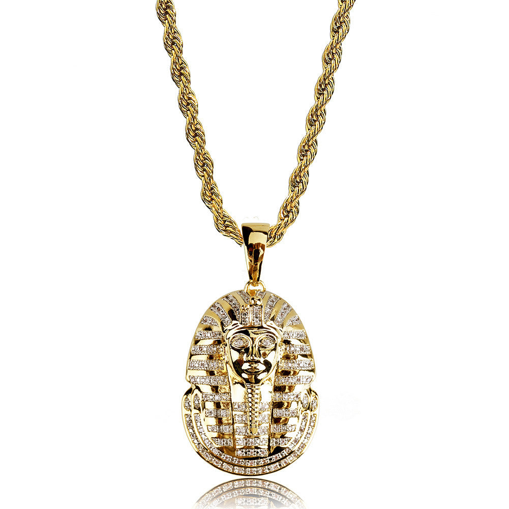 DatNewDrip gold rope chain with iced out King Tut pendant encrusted with clear stones reflective finish