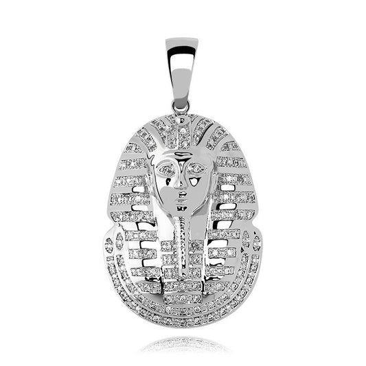 DatNewDrip iced out King Tut pendant in silver with pave crystals and detailed pharaoh face