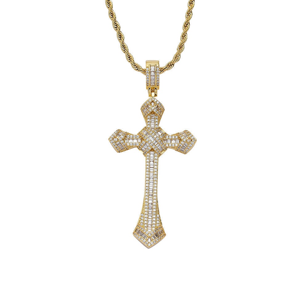 DatNewDrip gold iced out cross pendant with pave cubic zirconia on gold rope chain
