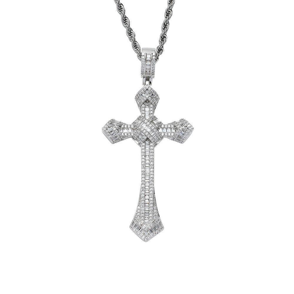 DatNewDrip iced out cross pendant in silver with baguette and round stones on rope chain
