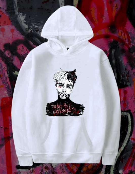 White hoodie featuring a graphic black and white portrait with red accents from DatNewDrip XXXTentacion Face Hoodie
