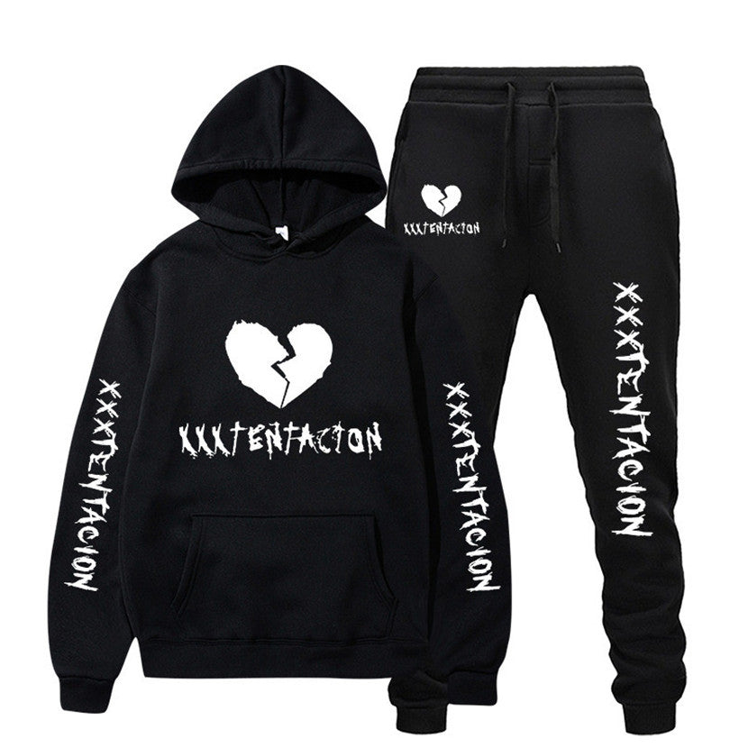 Black XXXTENTACION hip-hop hoodie and sweatpants set with broken heart and white lettering design