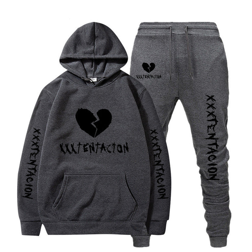 Dark gray XXXTENTACION hip-hop hoodie and sweatpants set with broken heart design and logo print