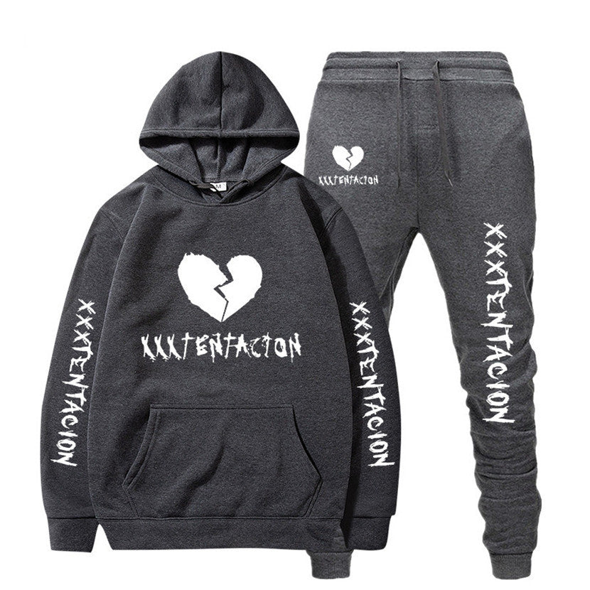 DatNewDrip XXXTENTACION hip-hop hoodie and sweatpants set in dark gray with broken heart logo and white text