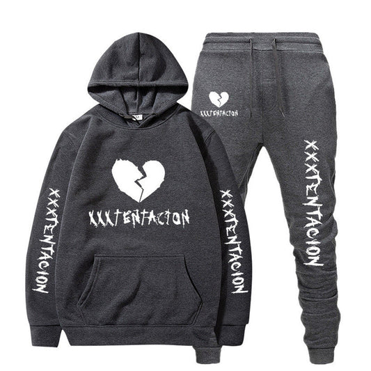 DatNewDrip XXXTENTACION hip-hop hoodie and sweatpants set in dark gray with white broken heart and text design