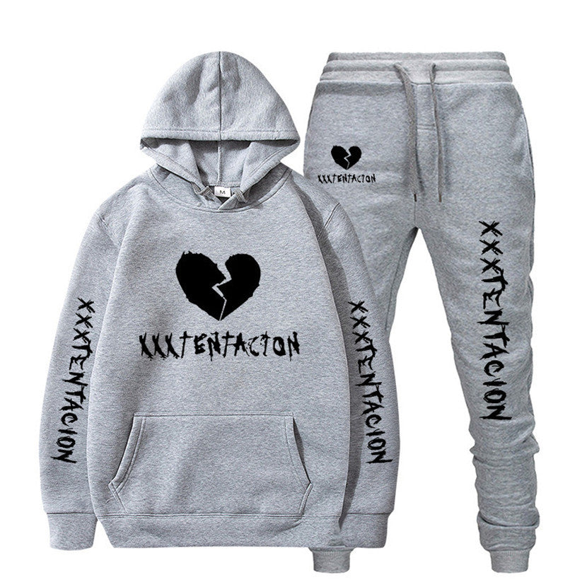Gray XXXTENTACION hip-hop hoodie and sweatpants set with black broken heart and text logos