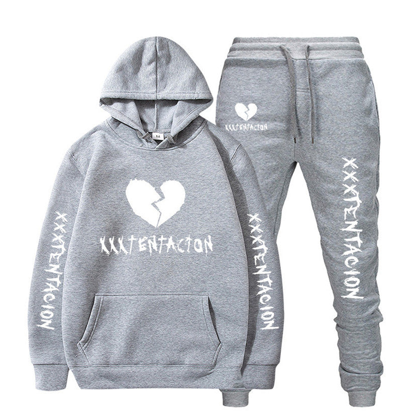 Gray XXXTENTACION hip-hop hoodie and sweatpants set with white broken heart and text design