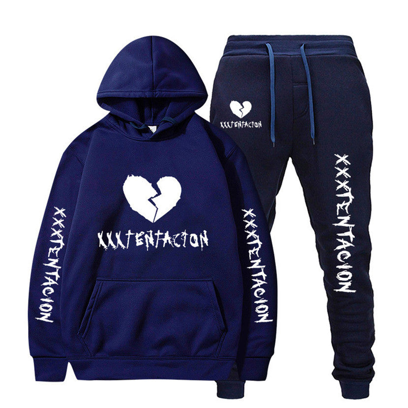 DatNewDrip navy blue XXXTENTACION hip-hop hoodie and sweatpants set with white broken heart and logo