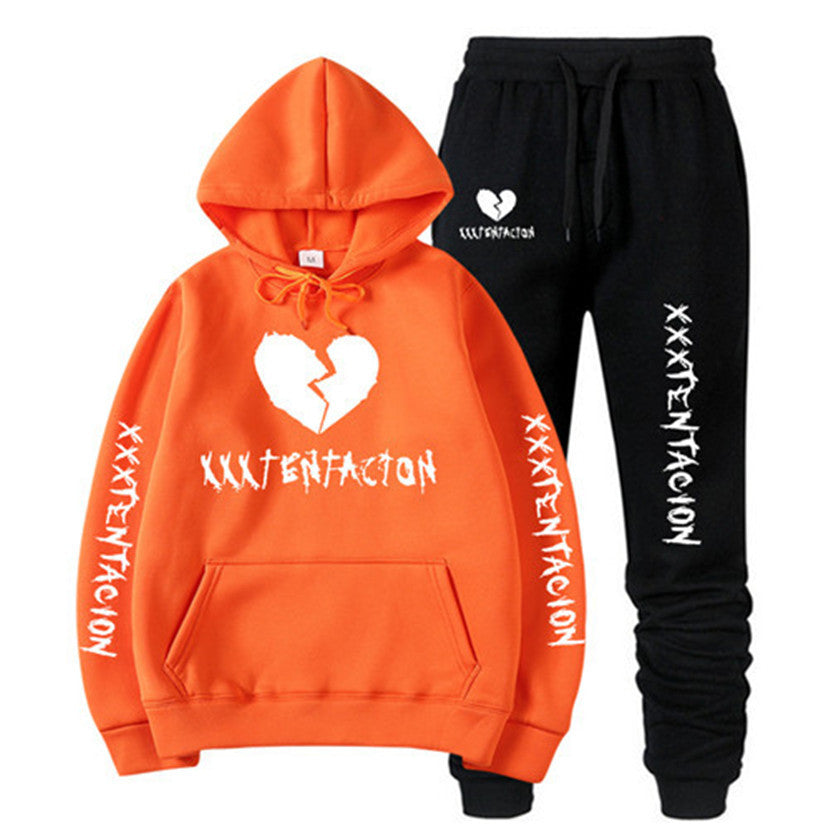 XXXTENTACION hip-hop hoodie and sweatpants set with orange hoodie and black pants featuring white graphic designs