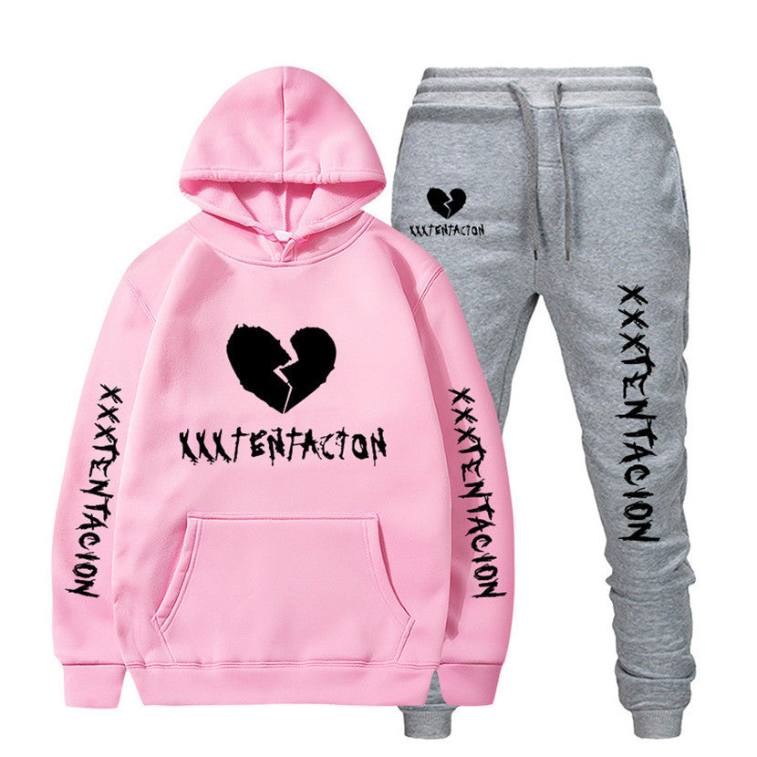 DatNewDrip pink and gray XXXTENTACION hip-hop hoodie and sweatpants set with broken heart design