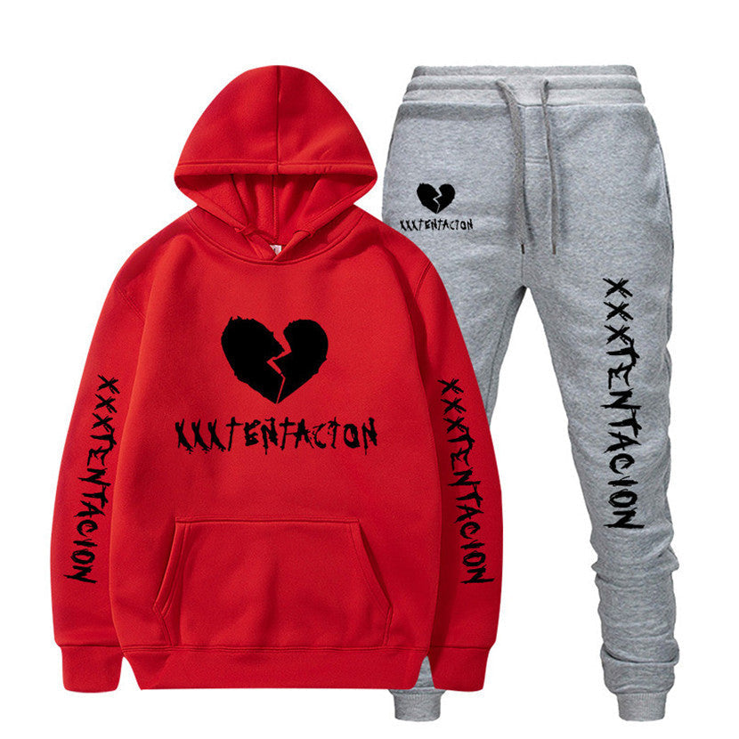 XXXTENTACION hip-hop hoodie and sweatpants set with red hoodie and gray pants featuring black broken heart design