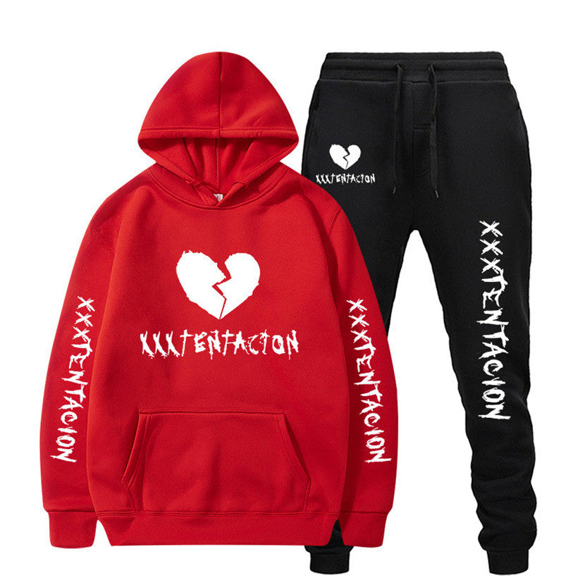 XXXTENTACION hip-hop hoodie and sweatpants set with red hoodie and black pants featuring broken heart and text designs