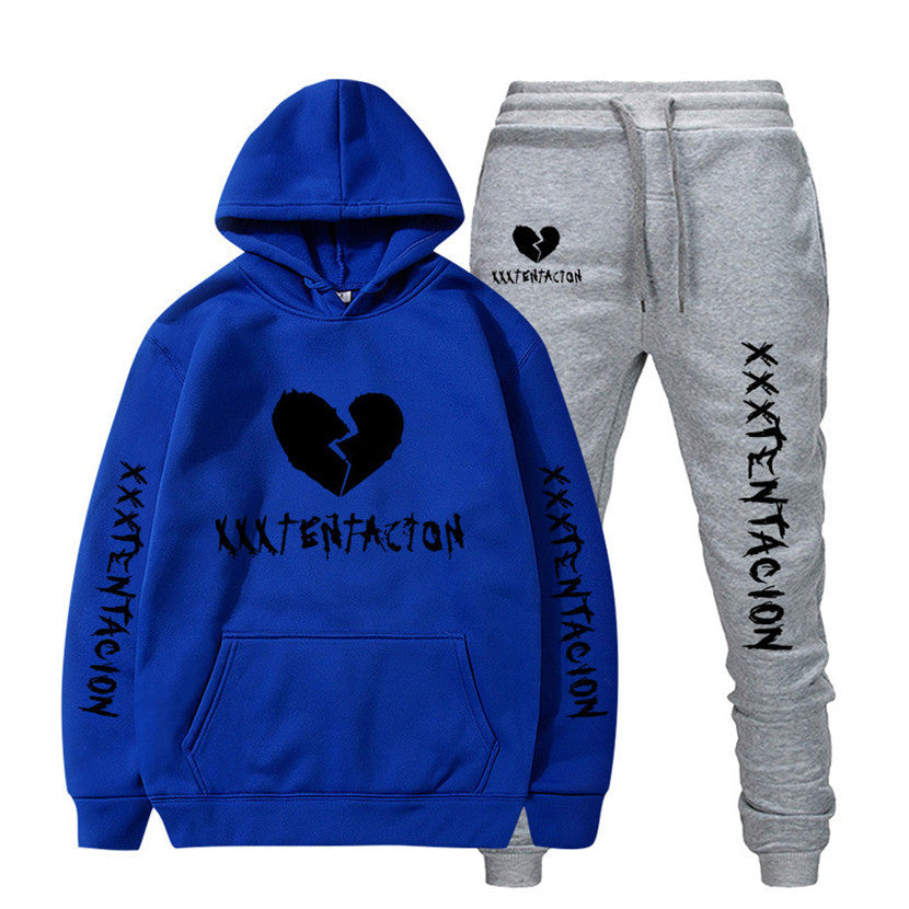 XXXTENTACION hip-hop hoodie and sweatpants set with broken heart graphic and black text on blue and gray fabric