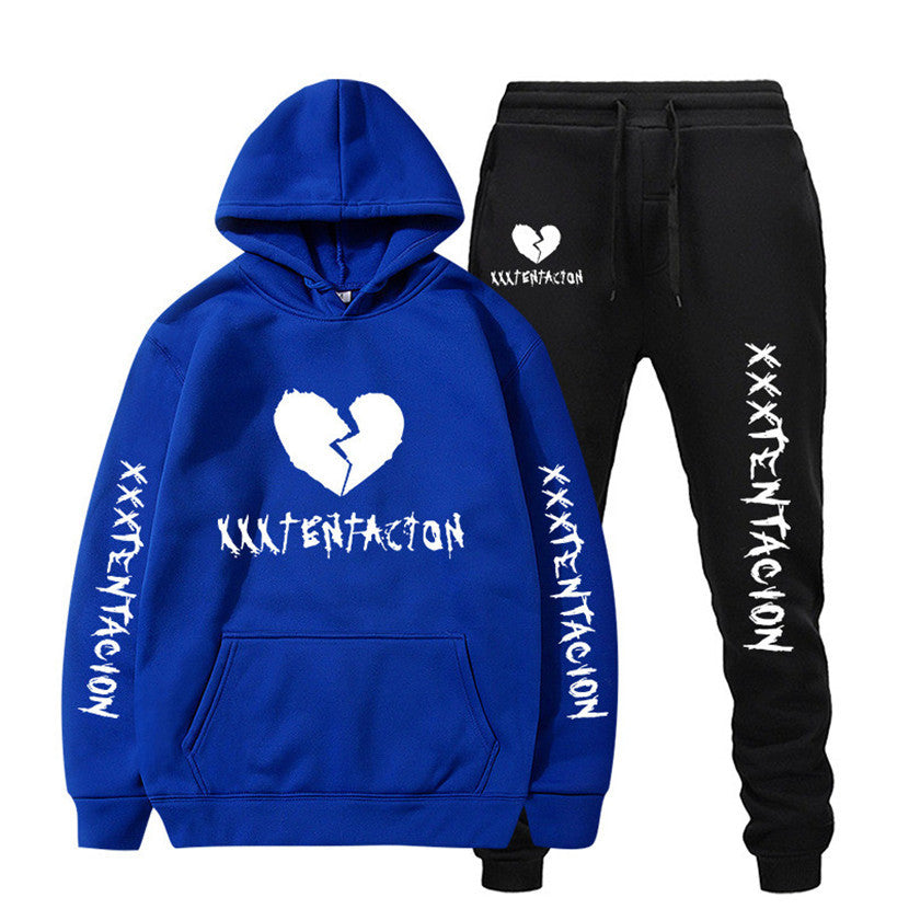 Blue hoodie and black sweatpants set featuring XXXTENTACION hip-hop hoodie and sweatpants design with broken heart graphics