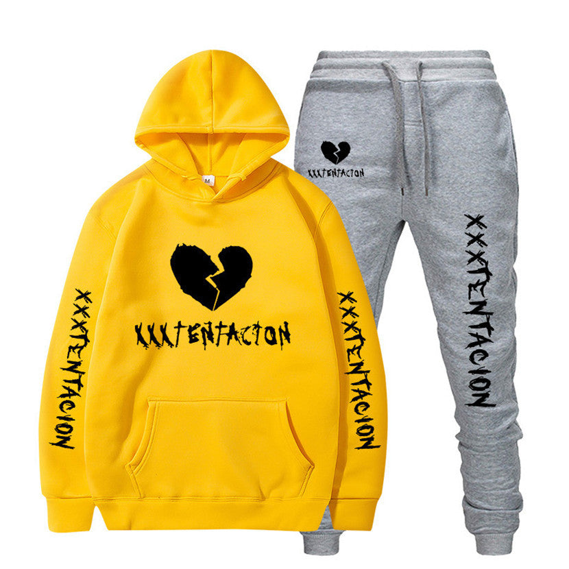 XXXTENTACION hip-hop hoodie and sweatpants set with yellow hoodie and gray pants featuring black graphics
