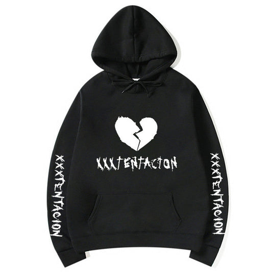 Black XXXTENTACION hoodie with broken heart graphic and white XXXTENTACION text on sleeves and chest