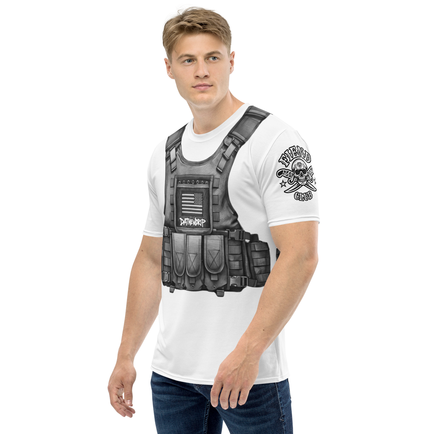 Men's DATNEWDRIP y2k tactical vest graphic tee featuring a detailed vest design in black and white
