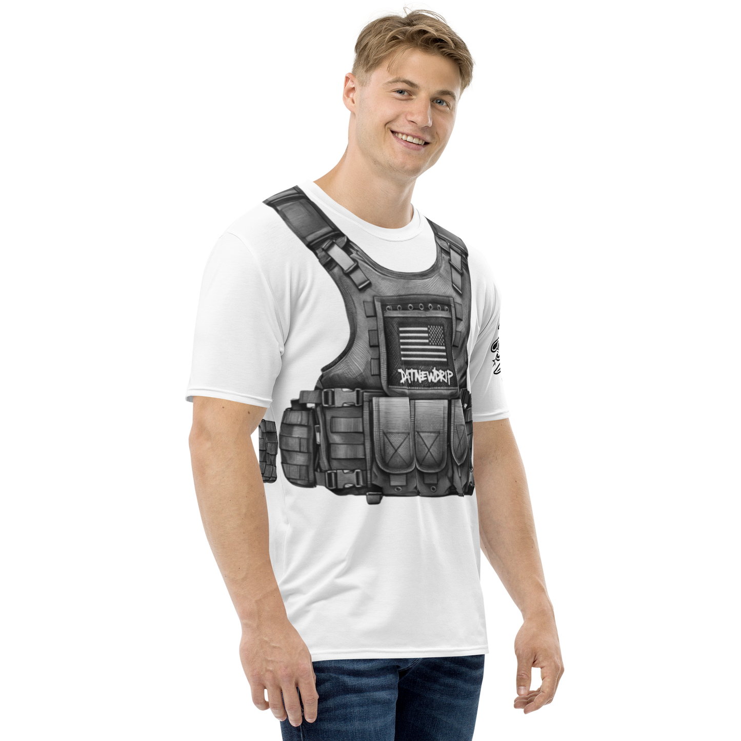 Men's white y2k tactical vest graphic tee featuring a detailed vest print for a stylish look