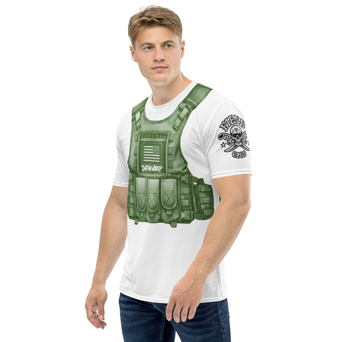 Y2k tactical vest graphic tee featuring a detailed green vest design on a white shirt