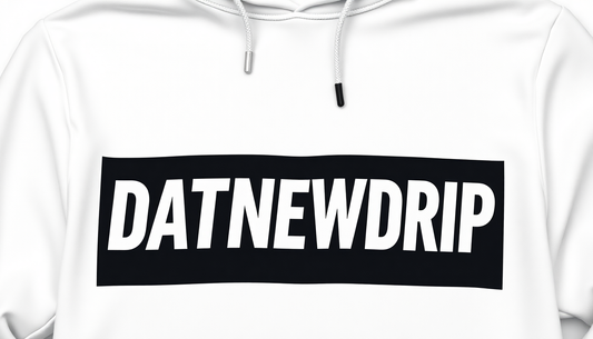 DATNEWDRIP In Bold bebas neu font with a black rectangle behind it like a supreme logo and placed on a white hoodie